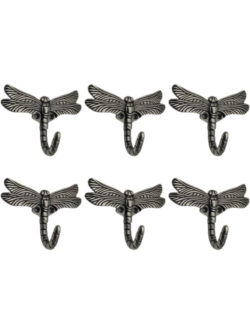 Antique Silver Dragonfly Wall Hooks - 6 pcs Decorative Coat, Key, Towel Hangers
